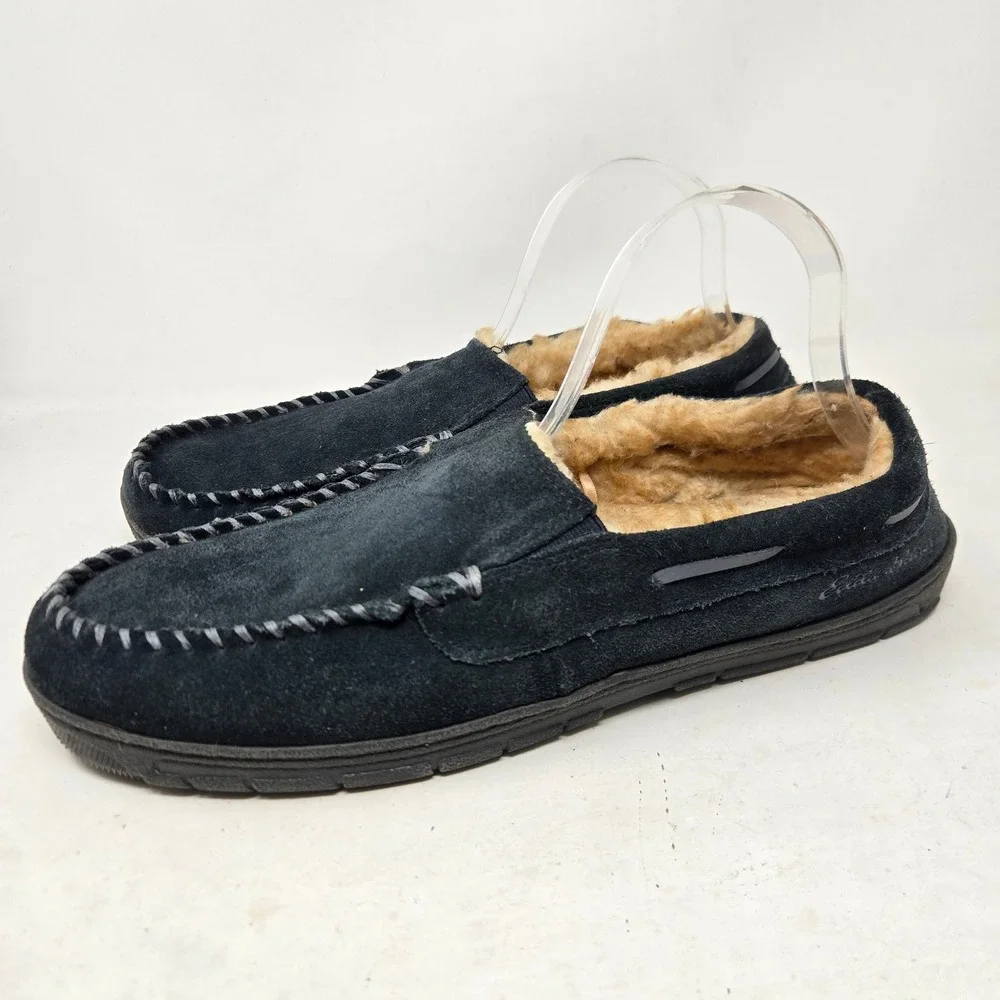 Eddie Bauer Westhaven Mens Suede Moccasin Slippers Black Faux Fur Lined XL 11-12